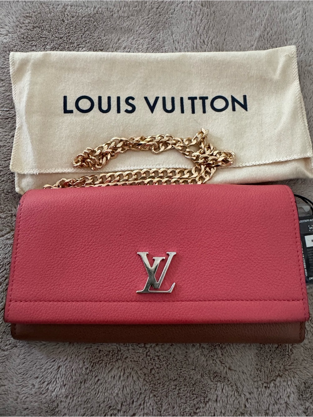 Louis Vuitton Pink and Brown Crossbody Wallet with Gold Chain